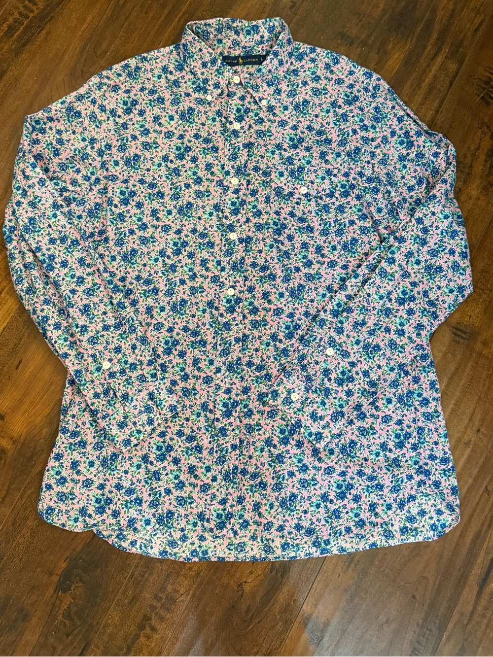 Ralph Lauren ditsy floral Pink Blue button-down shirt Size Large 100% Cotton